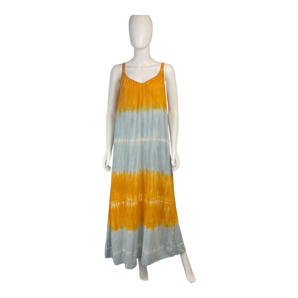 Knox Rose Women's Maxi‎ Dress S Yellow Blue Tie Dye Sleeveless Casual oversized
